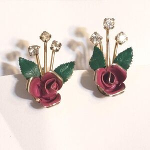 Stunning Vintage 1950s Enamel Rose "Spray" Earrings